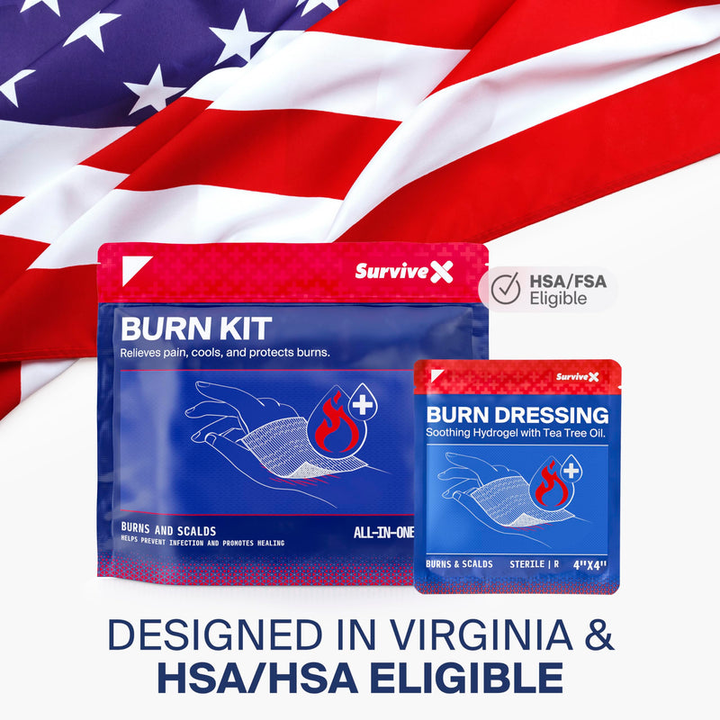 SurviveX Burn Dressing Kit with Tea Tree Oil - Hydrogel Burn Pads, Cooling Gels, Non-Adhesive Dressings & Gauze - Complete First Aid Accessory for Instant Cooling, Soothing & Burn Relief