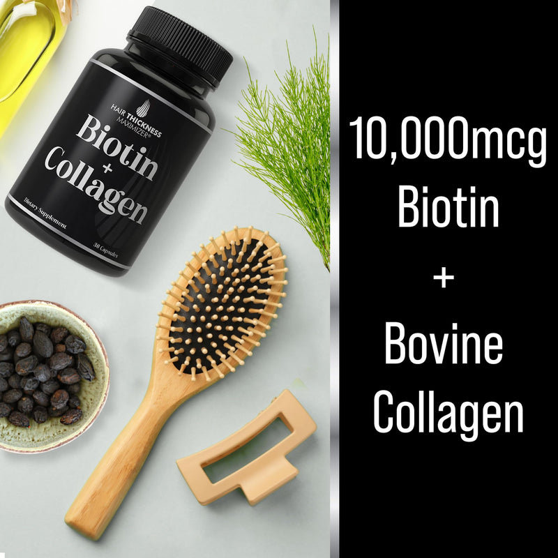 Biotin and Collagen Supplement with 10000mcg Biotin. 2-in-1 Vitamin Complex | Bovine Collagen for Thinning & Brittle Hair, Advanced, Supports Thicker, Healthier Hair Growth for Women, Men