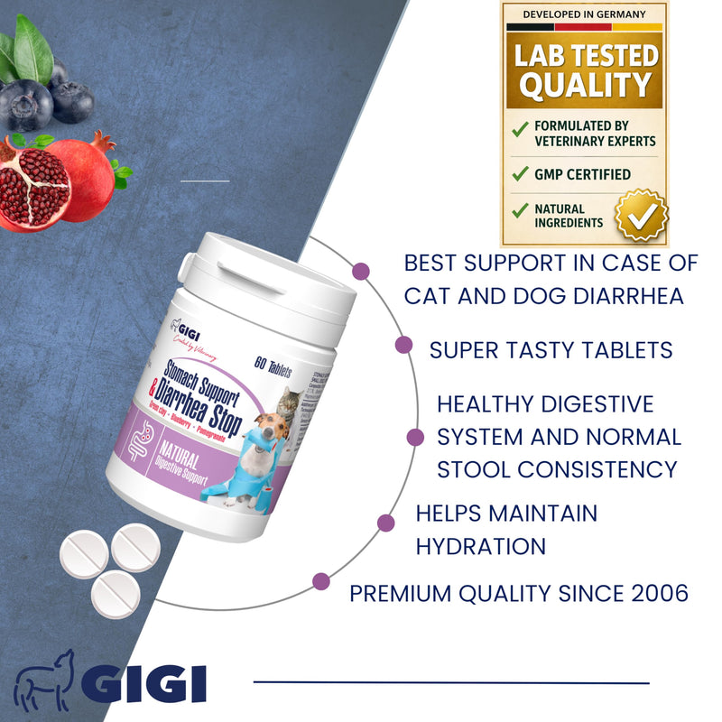 Instant Dog & Cat Diarrhea Relief Tablets - Fast Acting Stool Firming Supplement, Veterinarians Developed Formula with French Green Clay, Natural Digestive Support (60 Tablets)