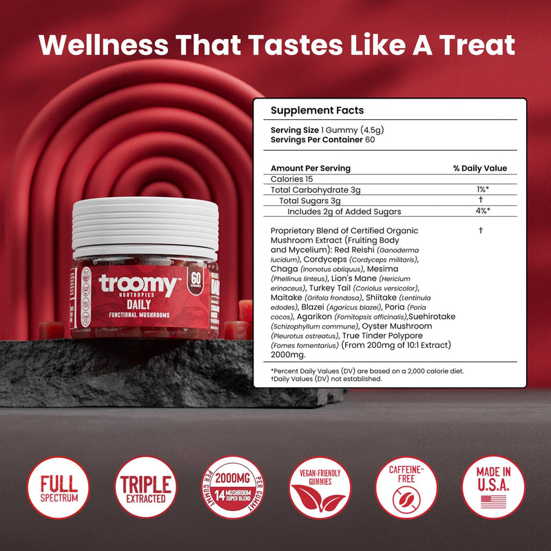 Troomy Daily 14 Mushroom Blend Gummies - Strawberry Mango, 60 Count | Reishi, Cordyceps, Lion's Mane and Chaga in Every Gummy, Triple-Extracted, Vegetarian and Gluten-Free, Made in USA 60 Count (Pack of 1)