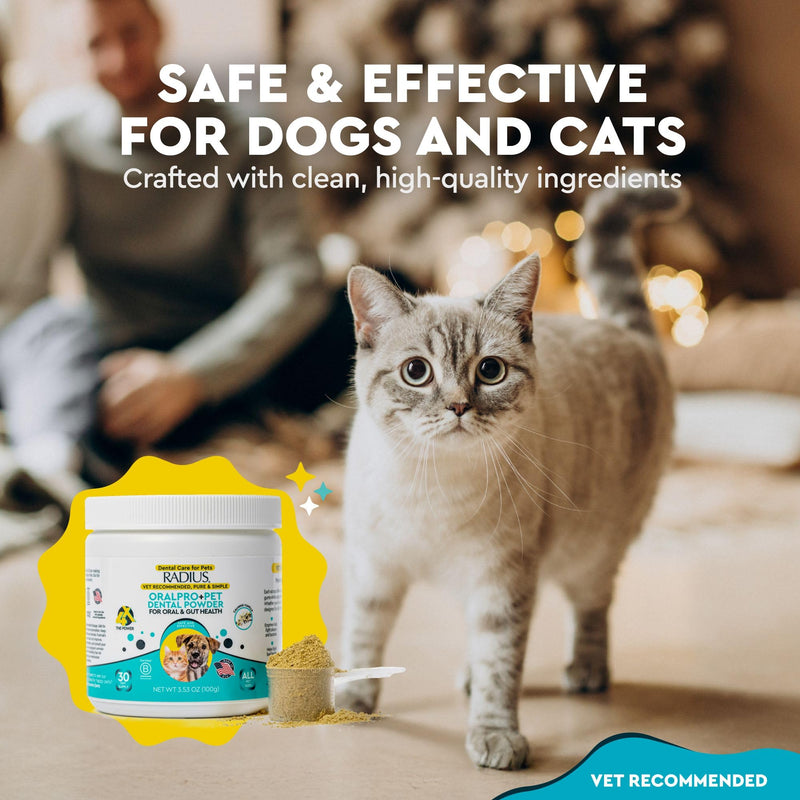 Radius OralPro+ Pet Dental and Gut Powder - Enzyme-Powered Dog and Cat Plaque and Tartar Remover - Natural Vanilla Daily Meal Topper for Fresher Breath & Digestive Balance - 3.5 Oz, Scoop Included
