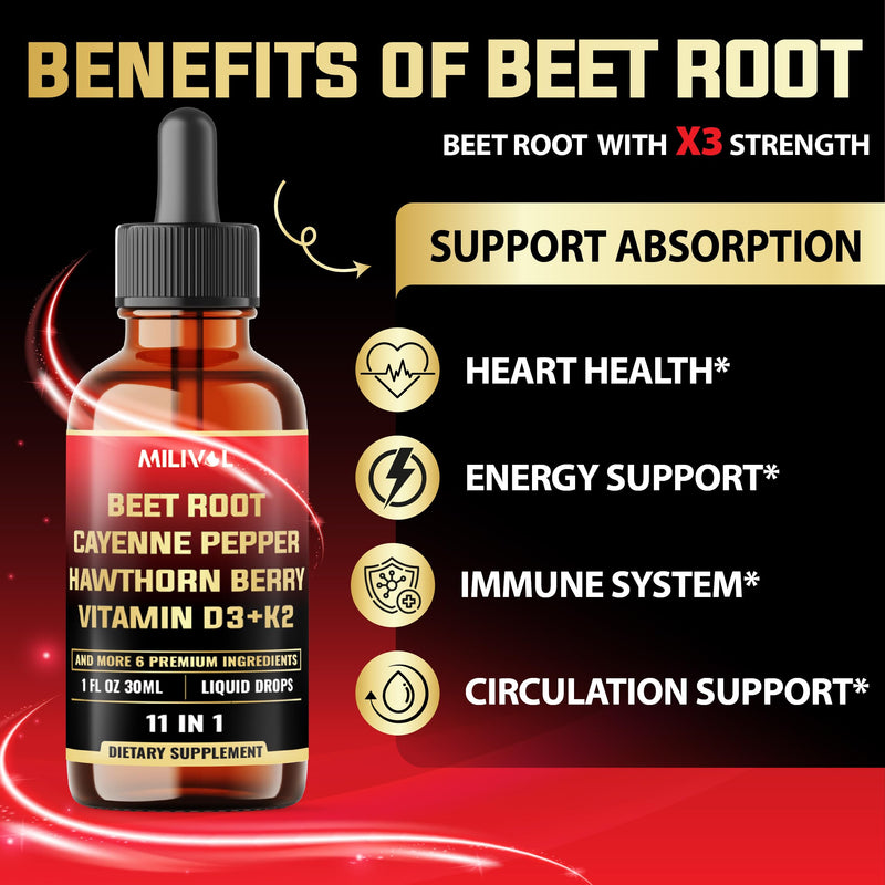 11in1 Beet Root Liquid Drops with Vitamin D3, Vitamin K2, Hawthorn Berry, Cayenne Pepper, Garlic, Hibiscus, Olive, Red Spinach, Green Tea, Ginseng - Digestion Support - 1 Fl Oz - 60 Day Supply