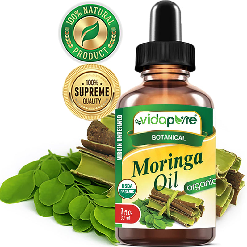 Organic MORINGA OIL Moringa Oleifera Certified Organic 100% Natural Pure Virgin Unrefined for Face, Skin, Body, Hair, Lip, Nails Anti-Aging, Rich in Vitamin E (1 Fl Oz) 1 Fl Oz (Pack of 1)