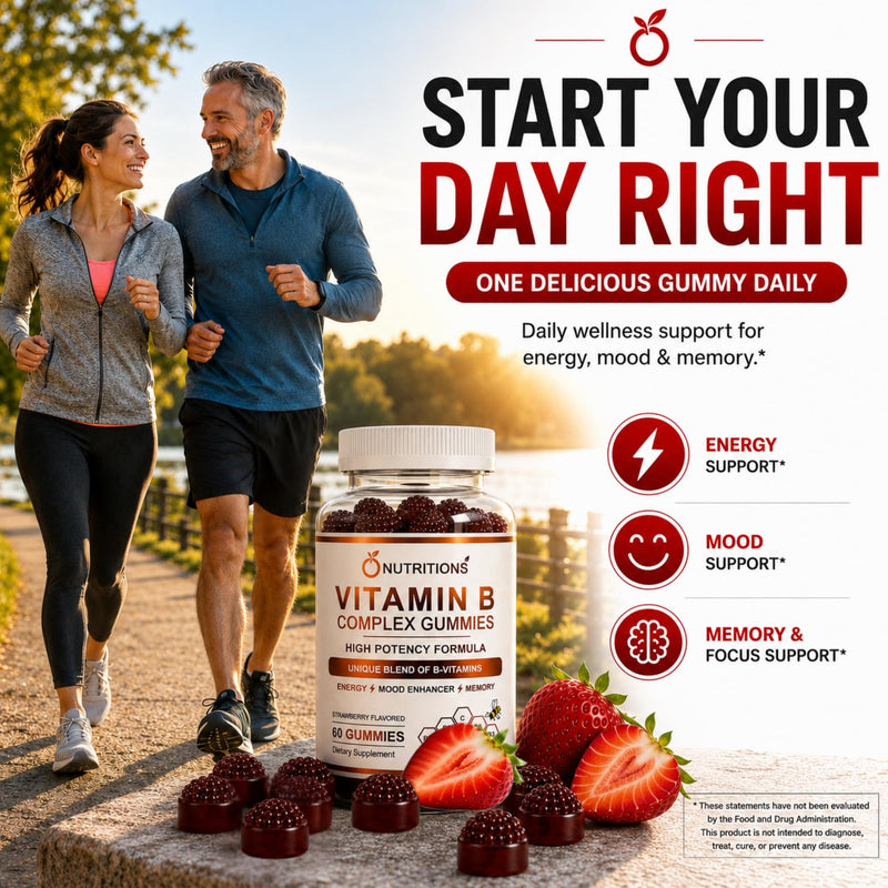 O NUTRITIONS Vitamin B Complex Gummies for Women & Men - Vitamin B12, Biotin, Folate, Vitamin C - Energy, Mood, Memory & Focus Support - Hair, Skin & Nails - Vegan Strawberry Gummies, 60 Count 1 PACK