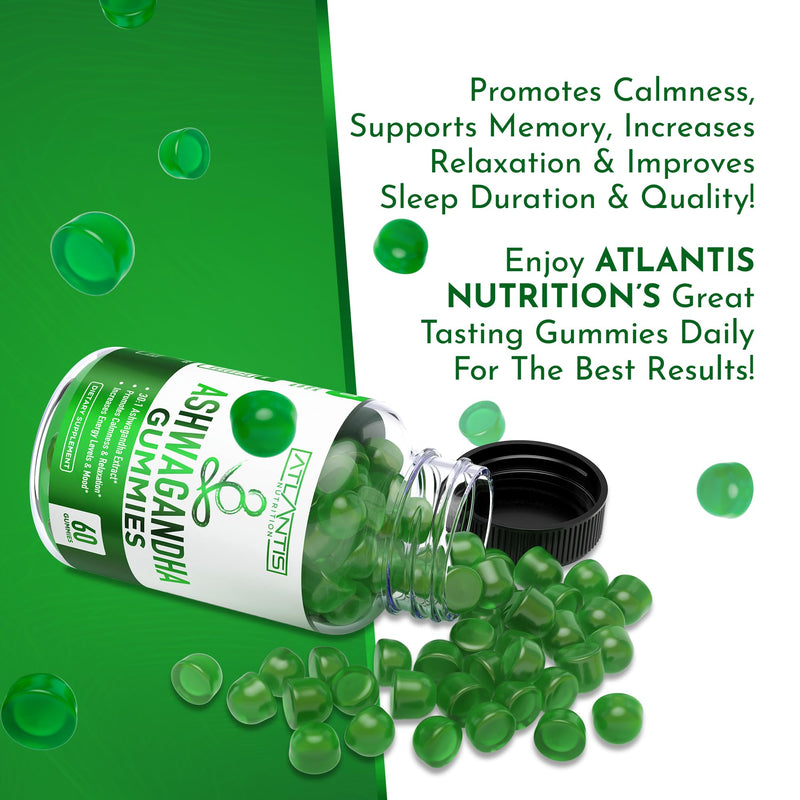 Atlantis Nutrition Ashwagandha Gummies - Ashwagandha Extract 30:1 - Promotes Calmness, Improves Mood, Boosts Energy Levels & Strengthens Immune System - Formulated w/Vitamin D & Zinc - Vegan | 60 Ct