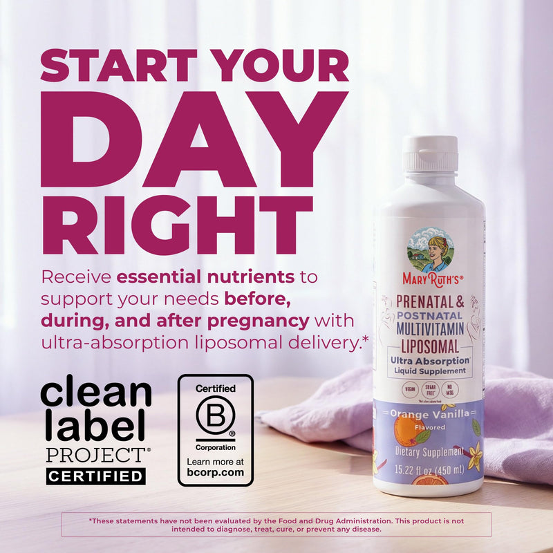 MaryRuth's Prenatal & Postnatal Multivitamin Liposomal, Vegan, 30 Servings | Preconception & Pregnancy, Folate Choline Omega 3 DHA, Vegan, Sugar Free, Gluten Free, 30 Servings