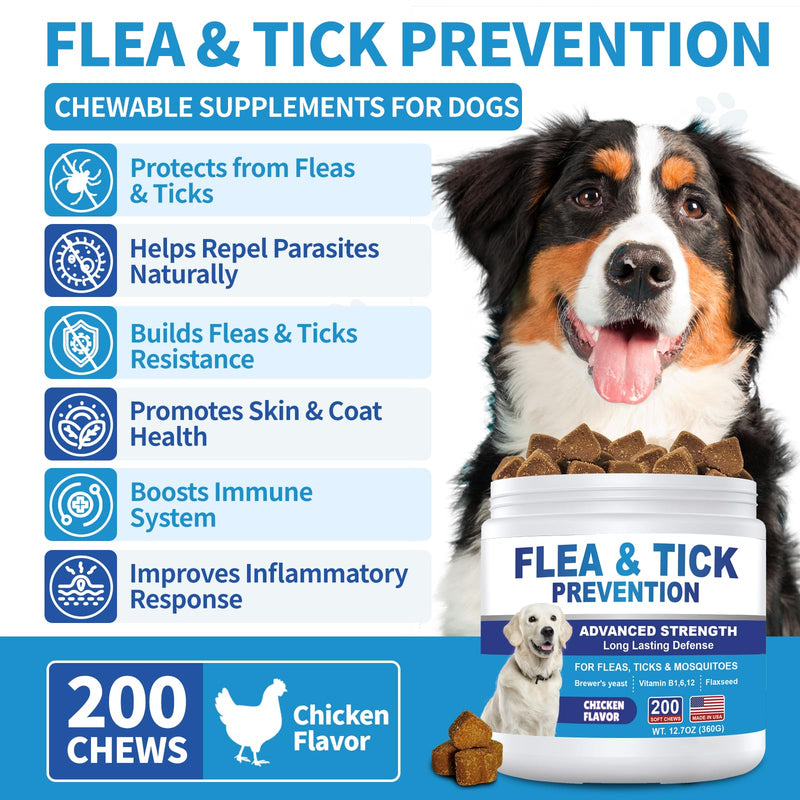 Flea and Tick Prevention for Dogs Chewables 200Ct - Flea and Tick Chews Supplement, Vet Recommended Supplement Chews, Skin & Coat Support for Dogs, Puppies, All Breeds & Sizes Chicken Flavor