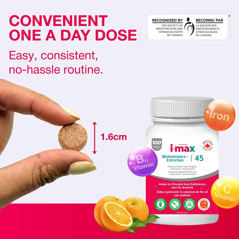 Pharmaris i-max Maintenance Iron Supplement, 45mg Elemental Iron-Polyschaccaride Complex + Vitamin C & B12, Iron Supplement for Women & Men, No Artificial Dyes, Orange Flavor, 100 Chewable Tablets