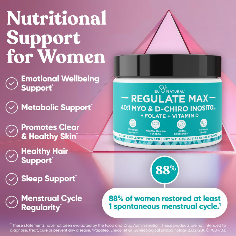 Eu Natural Regulate MAX Myo-Inositol & D-Chiro Inositol Supplement Powder for Women with Vitamin D & Folate Nutritional Support, Hormone Balance & Fertility Support, Unflavored 60 Servings - BeesActive Australia