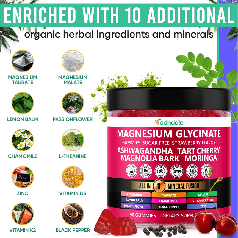 Adndale Magnesium Glycinate 400 mg Gummies with Ashwagandha, Magnesium Malate & Taurate, Tart Cherry, Magnolia Bark, Lemon Balm, Passionflower, Chamomile, L-Theanine, Zinc, Vitamin K2 & D3. 180CT Strawberry 90 Count (Pack of 2)