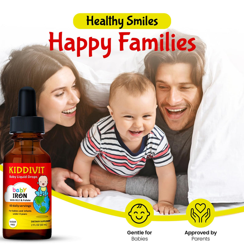 Baby Iron Liquid Drops with Vitamin B12 & Folate – Gentle Iron Support Supplement – 60 Daily Servings, Inulin Fortified Prebiotic Fiber – Sugar Free, Gluten Free, Vegetarian, 2oz