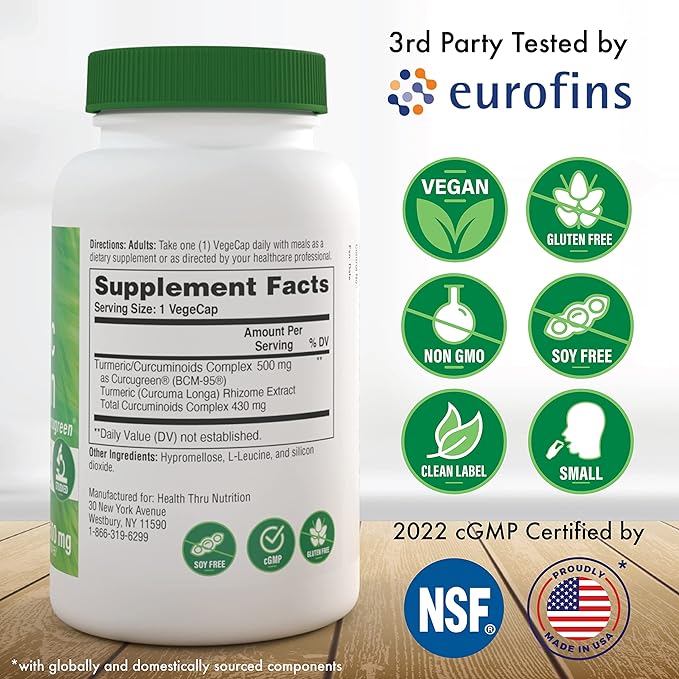 Health Thru Nutrition Turmeric Curcumin Veggie Caps BCM -95 ® Curcugreen ®, 500 mg 60 Capsules - BeesActive Australia