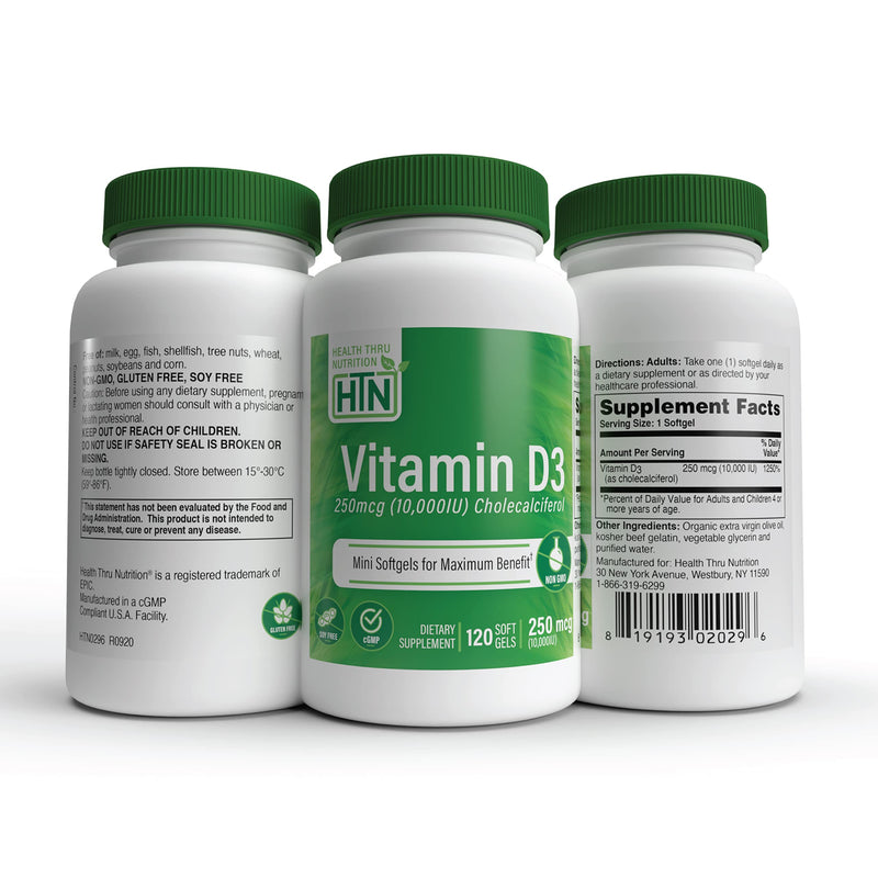 Health Thru Nutrition Vitamin D3 10,000iu - 250 mcg 120 Mini Softgels | Vitamin D Supplement as Cholecalciferol | Immune Health Support | 3rd Party Tested | Non-GMO USP Grade in Organic EVOO Unflavored 120 Count (Pack of 1)