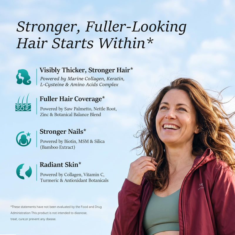 Hair Growth Supplements for Women, Ages 30 and Up - Clinically Tested for Visibly Thicker Hair with Biotin 10,000mcg, Vitamins, Keratin, Collagen, Saw Palmetto, Supports Scalp, Skin & Nails, 120 ct 120 Count (Pack of 1)