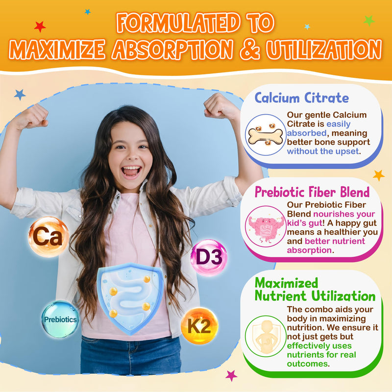 Kids Calcium Gummies with Vitamin D3 K2 - Calcium Citrate 800mg | with Magnesium, Zinc, Vitamin C, Omega-3, and Prebiotics for Kids - Sugar Free Gummies, Non-GMO, Vegan, 60 Ct Strawberry 60 Count (Pack of 1)