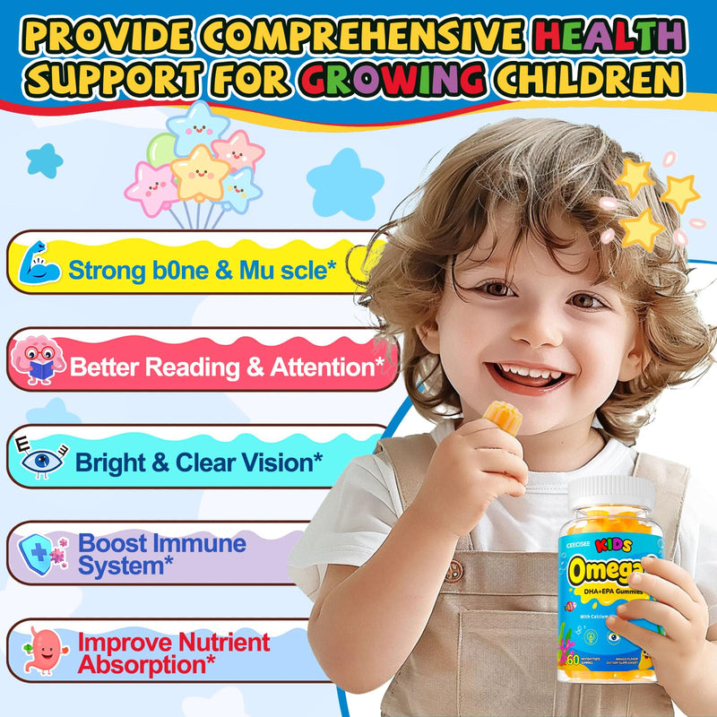 Organic Kid’s Omega-3 Gummies: Chewable Fish Oil Alternative Vegan Omega 3 Fatty Acid Supplement with DHA EPA Vitamin D3 B12 Calcium Magnesium - Focus Immune Health Support for Kids(60count) Mango 60 Count (Pack of 1)
