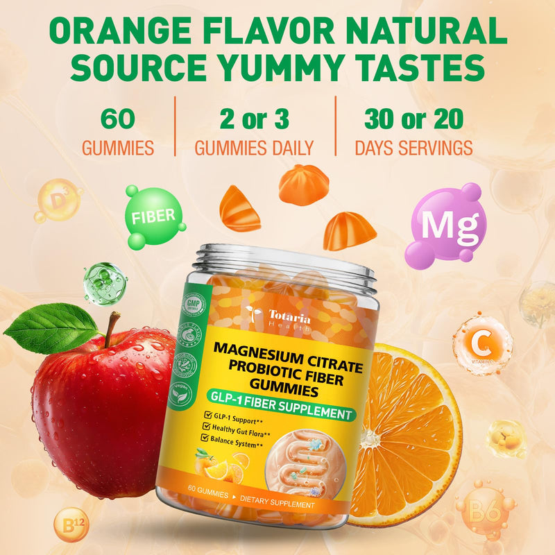 Orange Probiotic Fiber Gummies for Adults Teens, 60 Soluble Fiber Gummies | Fiber Supplement w/ Apple Cider Vinegar, Magnesium Citrate, FOS, Bacillus Coagulans, Inulin, Acacia for Digestion & Gut