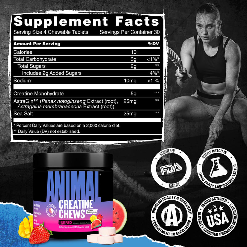 Animal Creatine Chews Tablets - Enhanced Creatine Monohydrate with AstraGin to Improve Absorption, Sea Salt for Added Pumps, Delicious and Convenient Chewable Tablets - Fruit Punch Creatine - Fruit Punch 120 Count (Pack of 1)