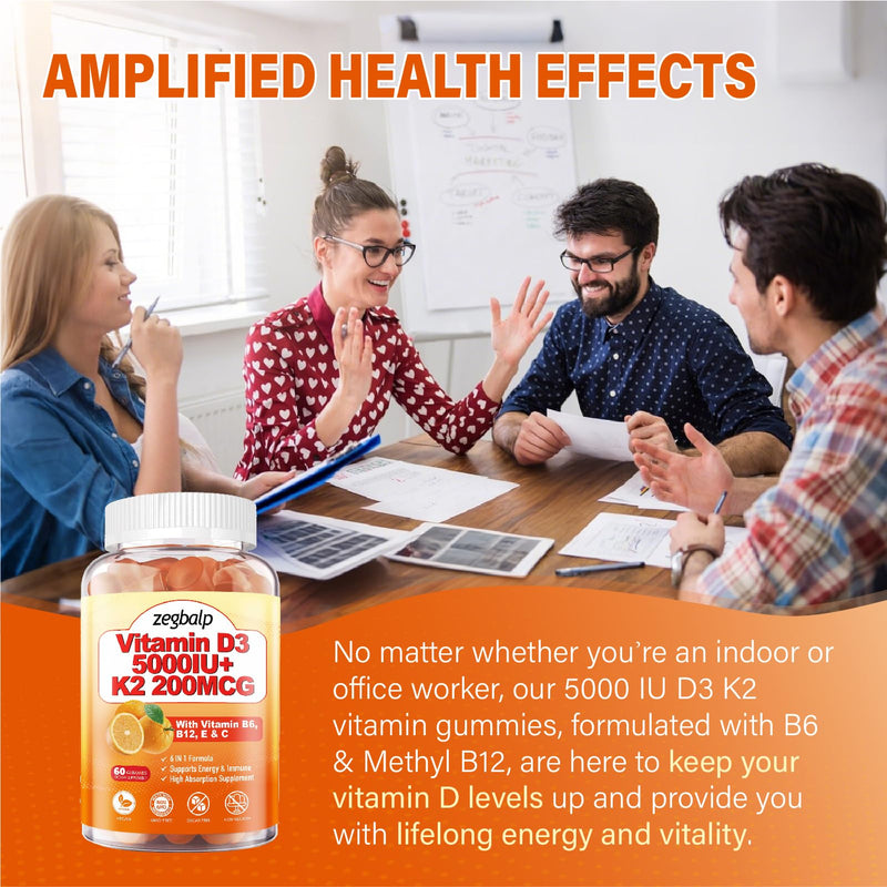 Vitamin D3 K2 Gummies for Adults - Vitamin D3 5000IU & K2(MK-7) 200mcg | Vitamin D3 Supplement with Vitamins B Complex, Vitamins C E for Women and Men - Vegan, Gluten Free, 2Packs 120 Count
