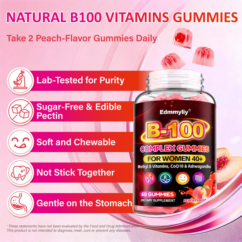Vitamin B Complex Supplement for Women 40+ - Methylated B Complex Gummies | with Vitamin B12, Folate, B1, B2, B5, B6, Biotin for Women - Peach Flavor B-Complex Gummies, Sugar Free, Vegan, 60 Ct 60 Count (Pack of 1)