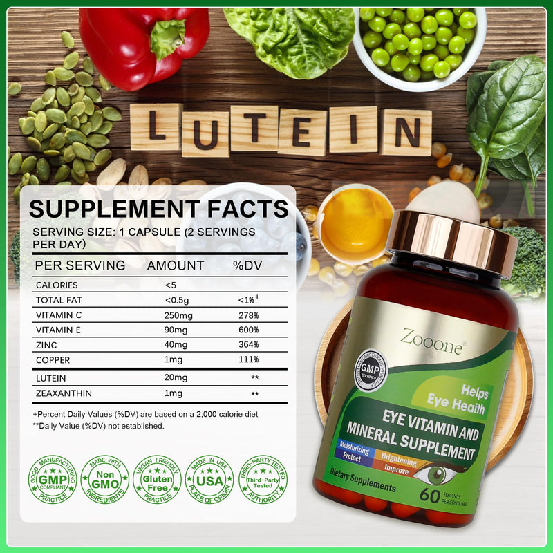 zooone- 60pcs Lutein Eye Vitamins Supplement Nutritional Supplement for Macular Health & Dry Eye Support, Contains Lutein, Zinc, Vitamins C/E & Zeaxanthin 60 Count (Pack of 1)
