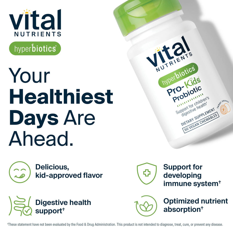 Hyperbiotics Vital Nutrients Pro Kids Probiotic | Allergen-Free Toddler Probiotics for Kids | Targeted Immune, Gut, and Digestive Health | Sugar-Free Orange Flavor | 60 Chewable Tablets Easy-to-Swallow Orange
