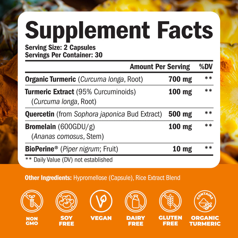 Quercetin with Bromelain & Turmeric Curcumin - Bromelain Supplement with Black Pepper. Immune & Joint Support Supplement - BioPerine & 700mg Organic Tumeric for Inflammation Balance & Allergy Support 60 Count (Pack of 1) - BeesActive Australia