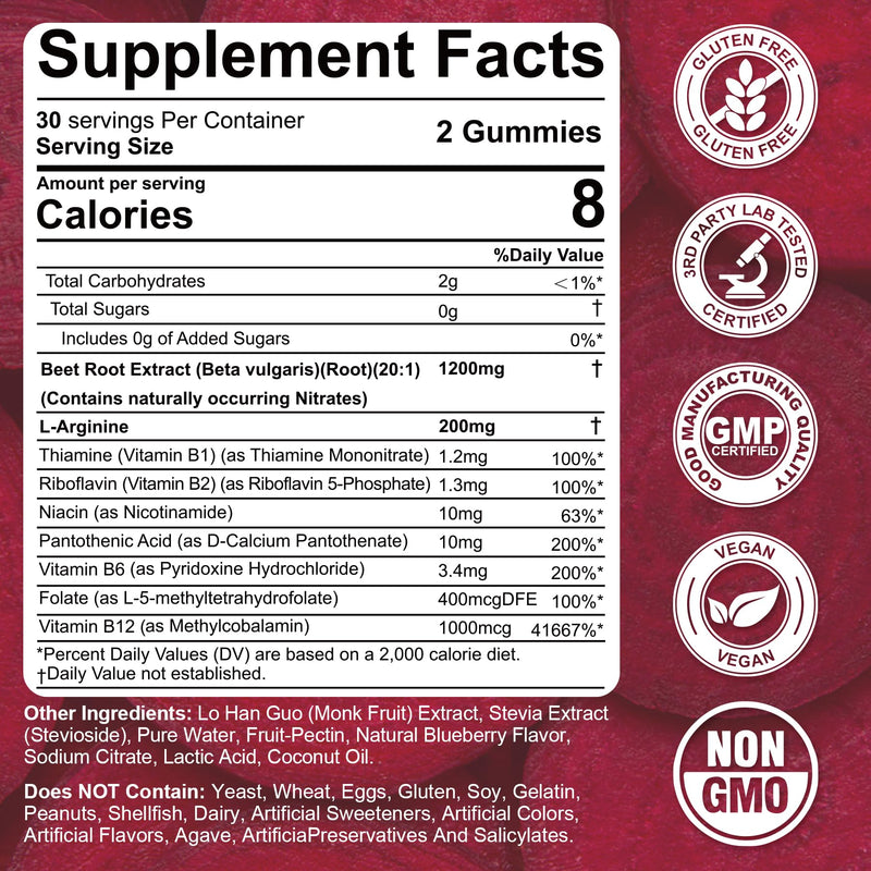 Beet Root Gummies 1200mg with L-Arginine, B1, B2, B3, B5, B6, Folate, B12 | Sugar Free 9 IN 1 Nitric Oxide Beetroot Gummies for Circulation, Energy Boost, Blood Flow, 60 Beets Chews, No-GMO, Vegan 60 Count (Pack of 1)