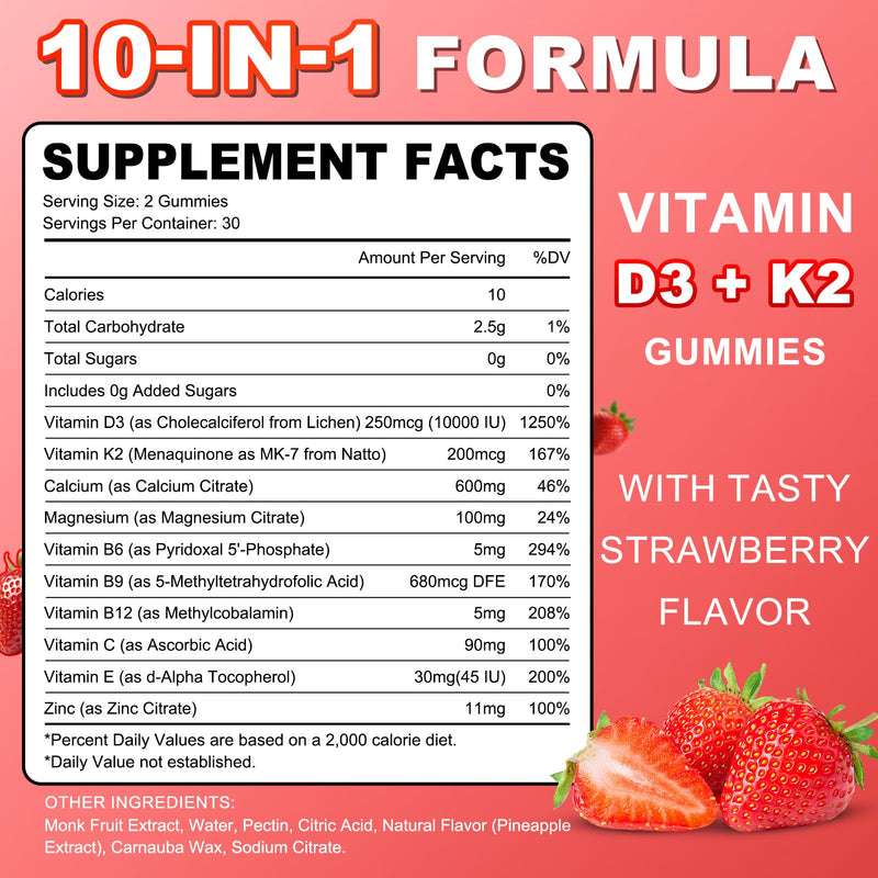 Sugar Free Vitamin D3 K2 Supplement Gummies for Women & Men | Vitamin D Gummies with 7 Essential Vitamins - Supports Bone, Muscle, Teeth & Immune - Vegan, Strawberry Flavor, 60 Count 60 Count (Pack of 1)