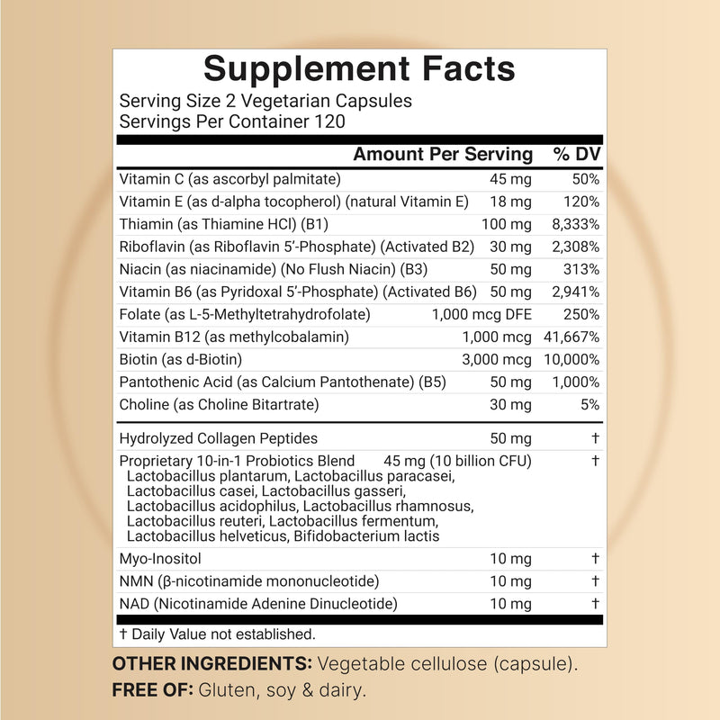 NatureBell Methylated B Complex Vitamins for Women, 240 Veggie Capsules | with Methylfolate, B12, Inositol, Choline, Vitamin C, E, Probiotics, Collagen & NMN | Energy Support* | Non-GMO, Filler Free