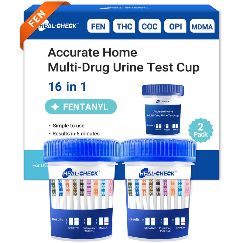 2 Pack 16 Panel Multi Drug Urine Test Kit, HEAL-CHECK Urine Drug Test Cup for Home or Workplace, Screens for Fen (Fentanyl), THC, AMP, BUP, BAR, BZO, COC, MET, MDMA, OPI, MTD, OXY, PCP, PPX, TCA, TML 2 PACK - BeesActive Australia