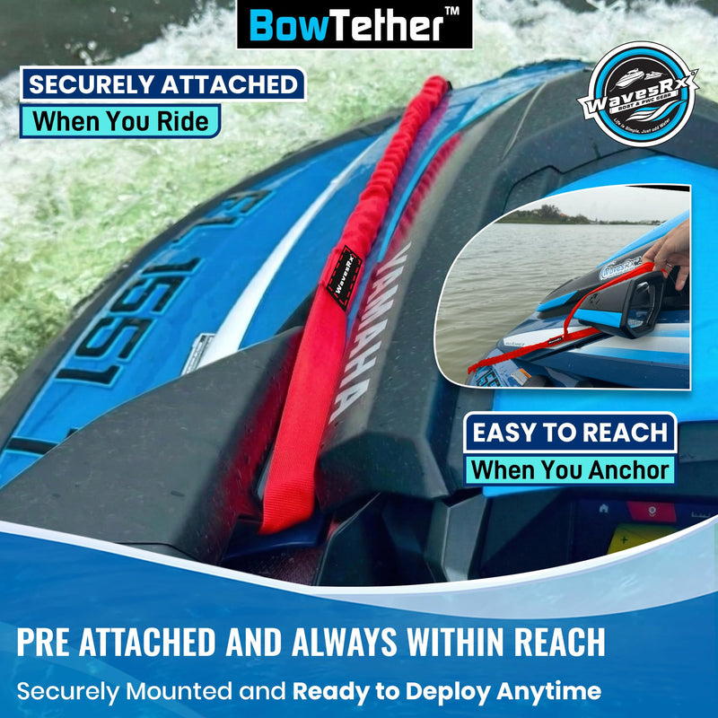 WAVESRX BowTether PWC Anchor and Dock Line - Shock Absorbing Elastic Bungee Rope Stretches 4 to 6 FT - Mooring Tether Pre Attached to Jet Ski Bow Eye for Quick Anchoring and Easy Docking Nautical Red