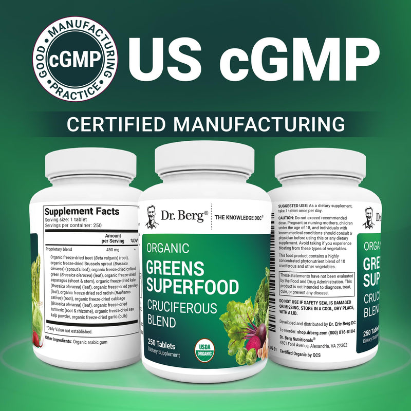 Dr. Berg's Greens Superfood Cruciferous Vegetable Tablets - Vegetable Supplements for Adults w/ 11 Phytonutrient Super Greens Tablets - Energy, Immune System & Liver Veggie Tablets - 250 Tablets Organic Greens Superfood (250 Tablets)