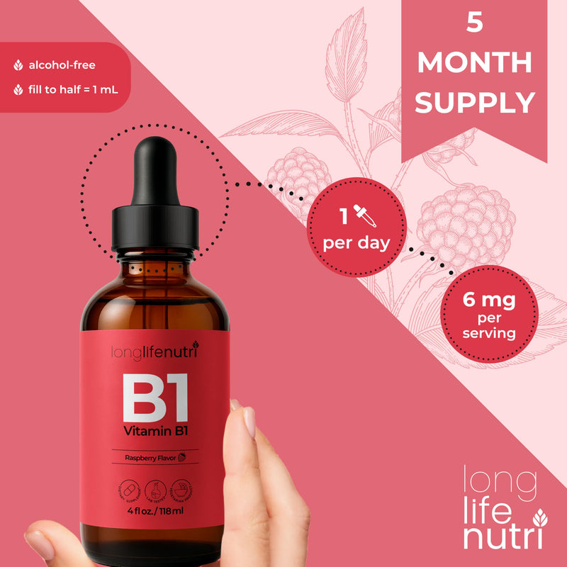 LongLifeNutri Vitamin B1 Liquid Drops - Thiamine Mononitrate Supplement for Energy and Nerve Health, Fast Absorption, 4 FL OZ, 5-Month Supply, Lab Tested, Made in USA 4 Fl Oz (Pack of 1)