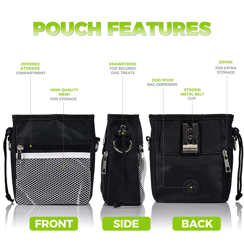 Dog Treat Pouch & Training Clicker - Waterproof Bag with Multiple Pockets, Adjustable Belt, Built-in Poop Dispenser & Hands-Free Carrying - Ideal for Walking, Outdoor Activities - Black Black(1 Pack) - BeesActive Australia
