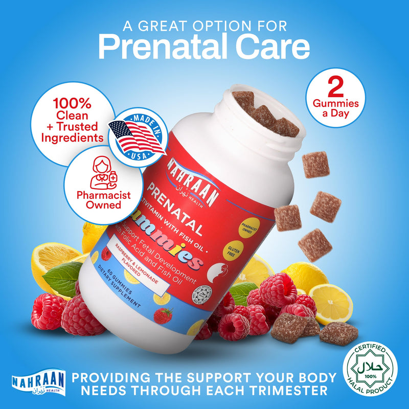 Halal Prenatal Gummies for Women - Halal Gummy Prenatal Vitamins with DHA and Folic Acid for Before/During/After Pregnancy, 60 Count, 30 Day Supply