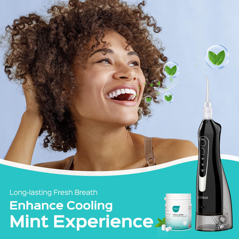 COSLUS Water Flosser Pick W40(F5020E) with Whitening Mint Flavor Refill Combo for Teeth, Braces, Gums Care - Easy to Use, Portable for Coffee Lovers & Travel, Rechargeable, BPA-Free, Black