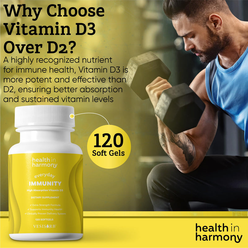 Everyday Immunity 4000 iu Vitamin D3 Supplement - Fast Acting Immune Support Supplement for Bone/Cellular Health - Non GMO, Dietary Supplements - Utilizes Vesisorb® (120 softgels)
