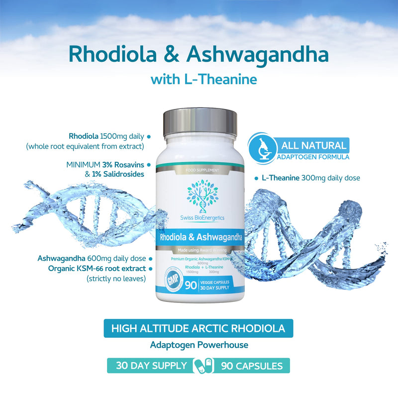 Rhodiola & Ashwagandha with L-Theanine - Award Winning Ashwagandha KSM-66 600mg & 1500mg Rhodiola (3% Rosavins - 1% Salidrosides) whole root equivalent- adaptogen combo- No artificial fillers - BeesActive Australia