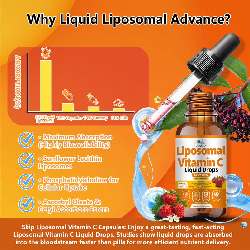 2 Pack Liposomal Vitamin C 1000mg Drops, Liquid Vitamin C Formula | High Potency 6-in-1 Fat Soluble VIT C w. Zinc Elderberry Glutathione Niacin, Immune Support Antioxidant Collagen Production Strawberry 2 Fl Oz (Pack of 2)