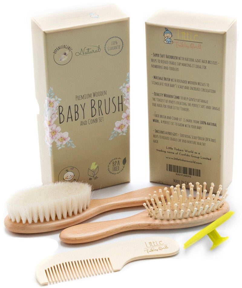 Baby Hair Brush and Comb Set for Newborn Wooden 4 Piece Soft Bristle Baby Brush and Comb Set for Newborn Girl Boy and Toddler Soft Cradle Cap New Born Infant Hair Brushes Perfect Baby Registry Gift 4 Piece Set