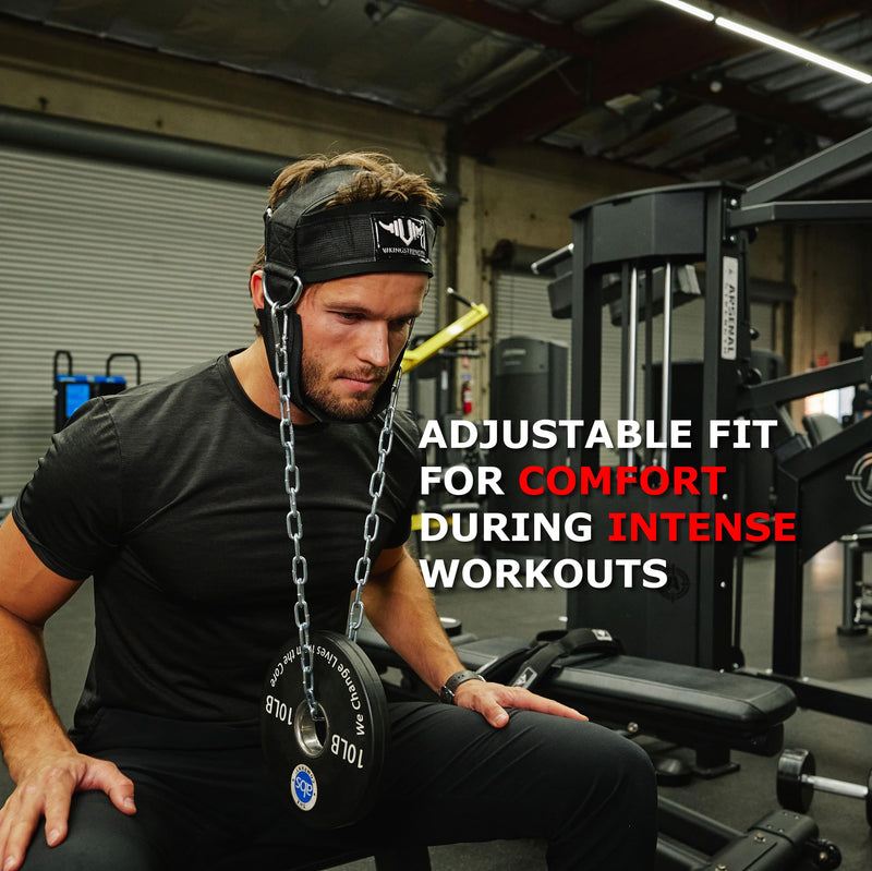 Vikingstrength Neck Harness Padded Strength Trainer- Premium Quality for Neck Curls and Training. Head Exerciser for Sports and Fitness, D ring + V-Strength Workout App
