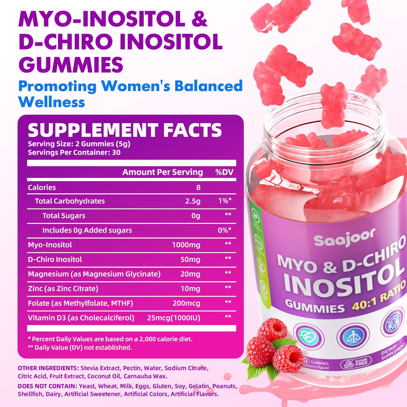 2 Pack Myo-Inositol & D-Chiro-Inositol Gummies with Vitamin D3, Magnesium Glycinate, Folate & Zinc, Inositol Supplement for Female Health, Vegan, Raspberry Flavor, 120 Gummies 2pack