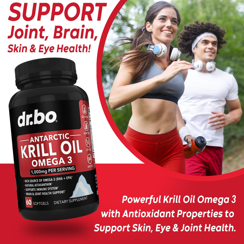 Krill Oil Omega 3 500mg - Antarctic Krill Oil 1000mg Softgels Capsules EPA, DHA, Astaxanthin, Phospholipids - Omega 3 Fatty Acids Supplements, Natural Pure Supplements for Women & Men - 60 Softgels