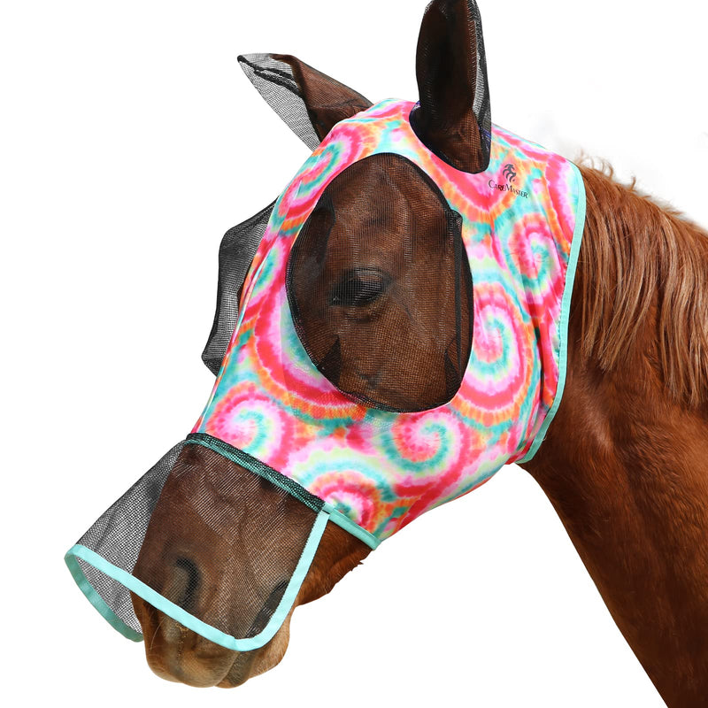 Ultra Lightweight UV-proof Full Visibility Stretchy Horse Fly Mask Long Nose with Ears-Rainbow Circle (L; Full Size) Full (Large) Rainbow Circle - BeesActive Australia