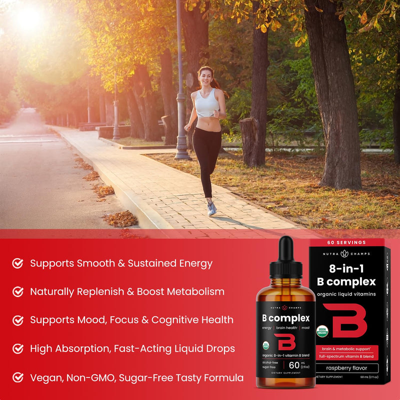 USDA Organic Vitamin B Complex Liquid Drops Sublingual B12 Methylcobalamin | B1, B2, B3, B5, B6, B7, B9 | Methylated B Vitamins Complex for Women & Men | Biotin, Niacinamide, Folate & Folic Acid, 2oz 2 Fl Oz (Pack of 1) Adults Drops