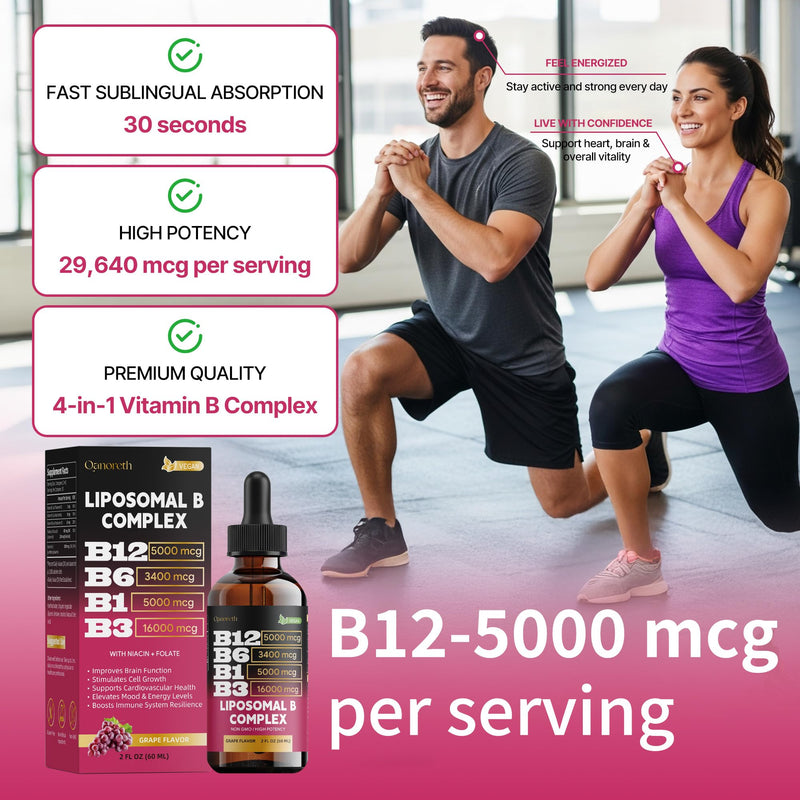 Liposomal Vitamin B12 Sublingual Methylcobalamin – Vitamin B Complex Liquid Drops with B6, B1 & B3 – Fast Absorption B12 Vitamins for Energy, Focus, Brain & Heart Support – Organic, Non-GMO, 2 fl oz
