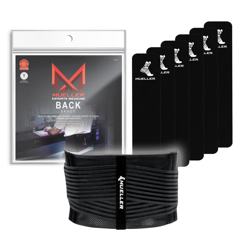 MUELLER Esports Medicine 4-in-1 Lumbar Back Brace for Men and Women with Hot/Cold Pack, 6 KTape Strips Included, Ideal for Gamer's Back Pain Relief Support and Sciatica, Black, One Size