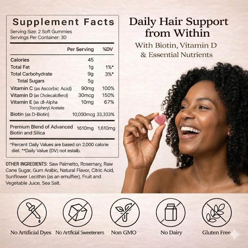 Hair Growth Gummies for Black Women, with Biotin-Silica Complex (5000mcg Biotin) & Vitamin D (30mcg), Supports Hair, Skin & Nail Health, Non-GMO, 60 Gummies