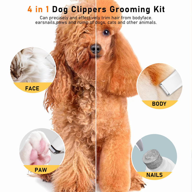 Dog Clippers for Grooming, 4 in 1 Dog Grooming Kit Hair Clipper with LCD Display, Dog Trimmer for Grooming, Dog Hair Trimmer for Paw Nail Grinder,Shaver Grooming Supplies for Pet Cats Dogs